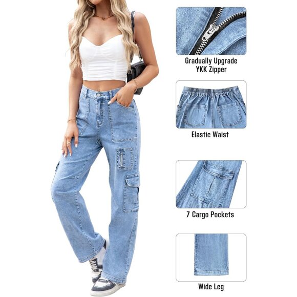 High-Waisted Wide Leg Cargo Trousers with 7 Pockets - Perfect for Casual Looks - Picture 2 of 5